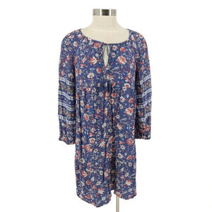 Old Navy Boho Swing Shift Dress Blue Floral Long Sleeve Peasant Knee Length